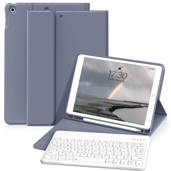 Funda Teclado KVTVOU para iPad 9ª/8ª/7ª Generación (10.2 Pulgadas, 2021/2020/2019), Teclado Inalámbrico Bluetooth Magnético Desmontable, Funda Folio con Soporte y Porta Lápiz, Morado