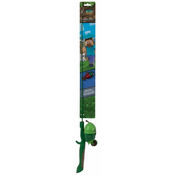 Kid Casters Youth Fishing Rod & Reel Combo Kit with Practice Casting Plug, Minecraft Theme