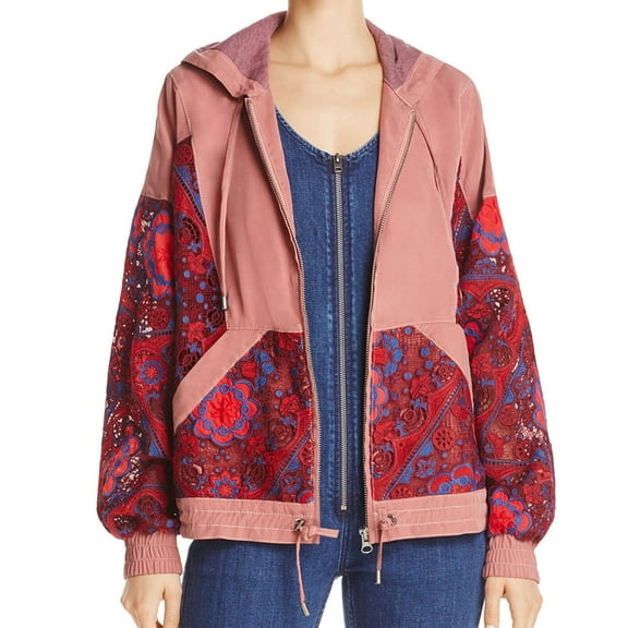 Free People Womens Magpie Lace Hoodie Jacket, Red, Small
