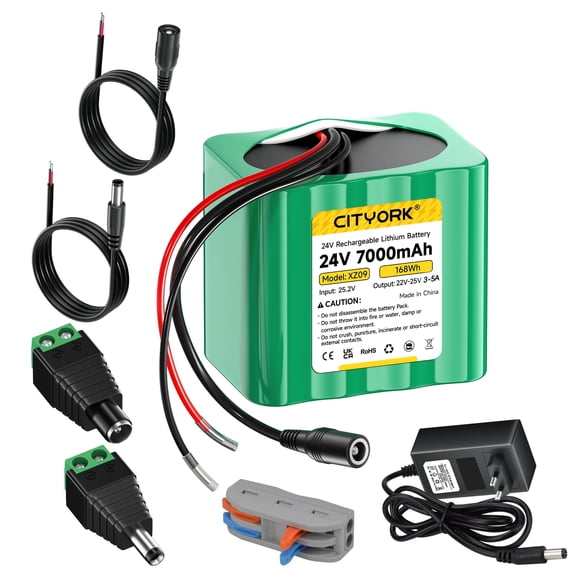 Rechargeable 24V 7000mAh Lithium Battery with Charger, Bare Leads Wire Battery Pack Compatible with 24V Devices, DIY Project, Ride-On Cars, Toys, Solar Panels, Camcorder, LED Strip, Portable Speaker