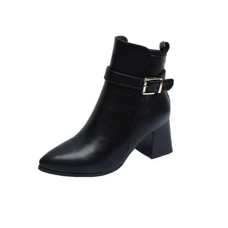

Womens Ankle Boots & Booties Chunky Heel Pointed Toe Leather Buckle Combat Booties Military Riding Boots