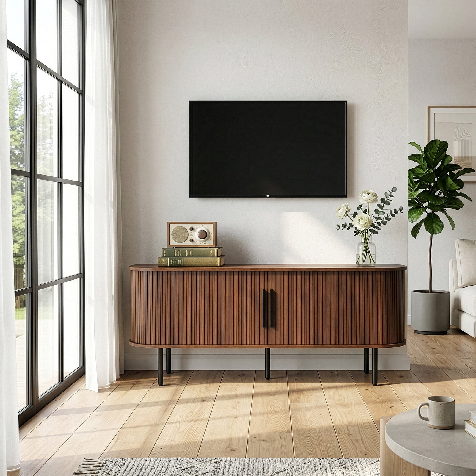 Embossed Particle Board TV Stand, Oval Tabletop 147x35x58cm, Modern Entertainment Center with Sliding Grid Doors, Media Console Cabinet for Living Room Bedroom, Walnut