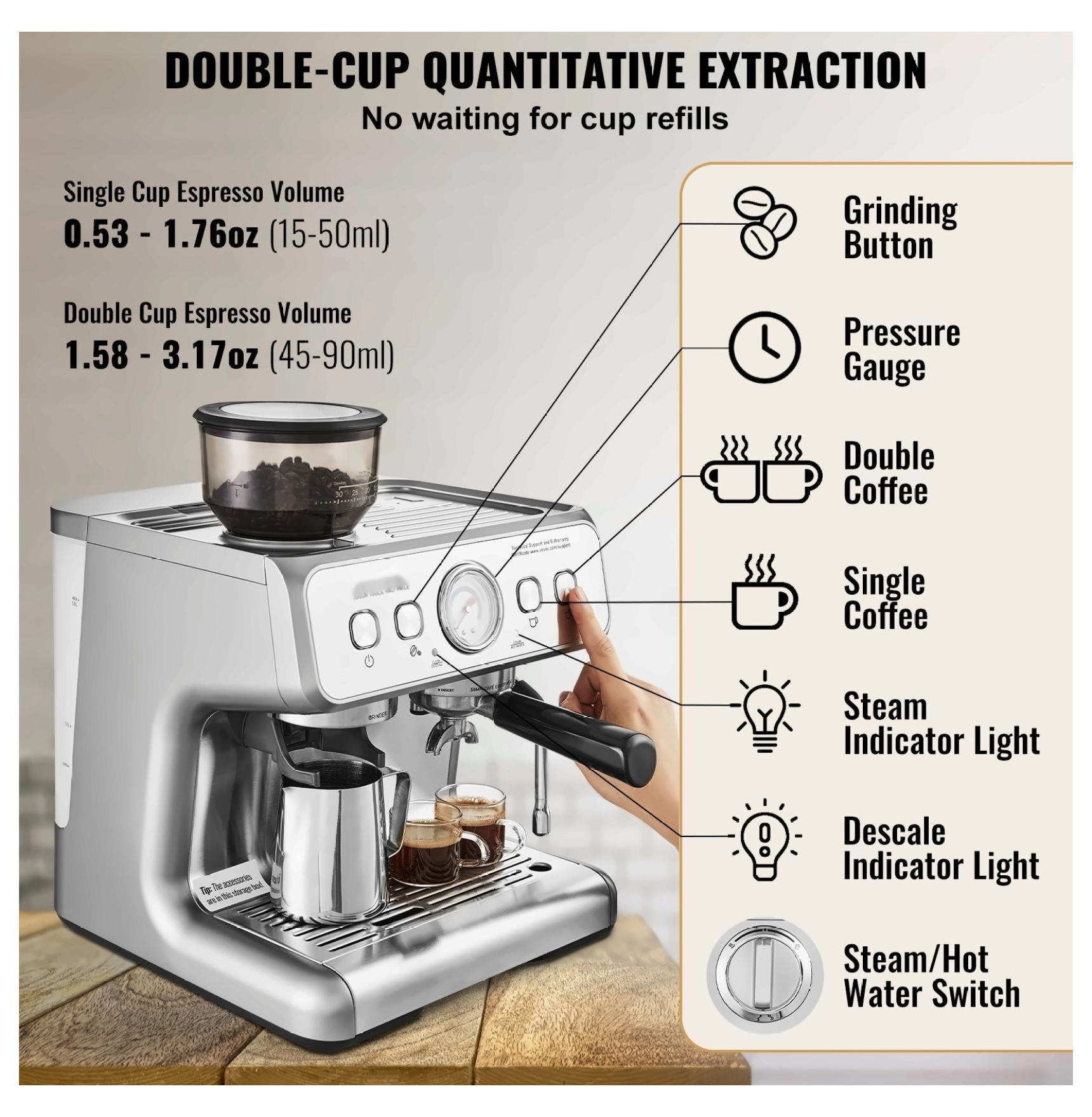 Espresso Machine with Grinder, 15 Bar Semi-Automatic Coffee Maker, Milk Frother, PID Control