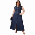 thumbnail image 5 of Plus Size Sleeveless Button Front Long Denim Dress, Slim Waist Dress for Daily Commute, 5 of 6