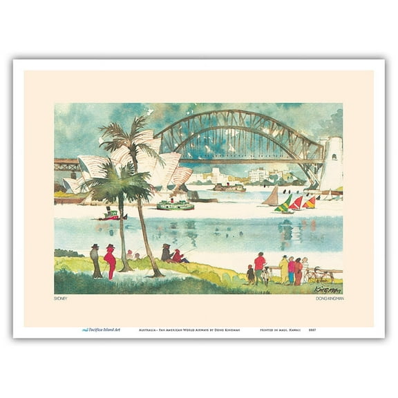 Australia - Sydney Harbour Bridge and Opera - Pan American World Airways - Vintage Airline Travel Poster by Dong Kingman - Master Art Print (Unframed) 9in x 12in