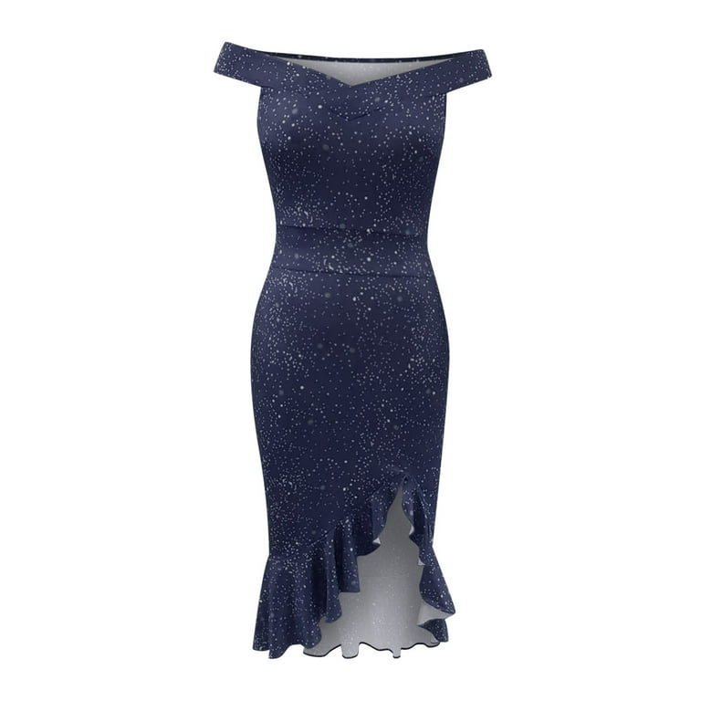 YWDJ Beach Wedding Guest Dresses for Women Casual Slimming Irregular Ruffle Hem Printing Buttocks Dress Spring Summer Dresses for Women 2023 Navy S