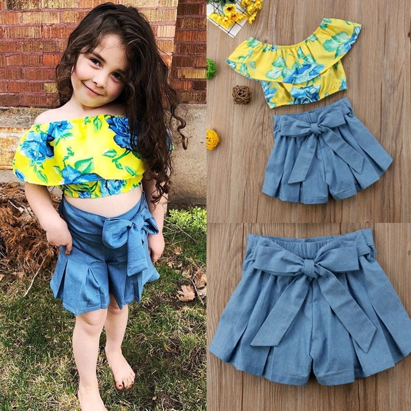 2Pcs Baby Kids Girls Clothing Off-the-shoulder Blouse Tops+Denim Shorts Outfits
