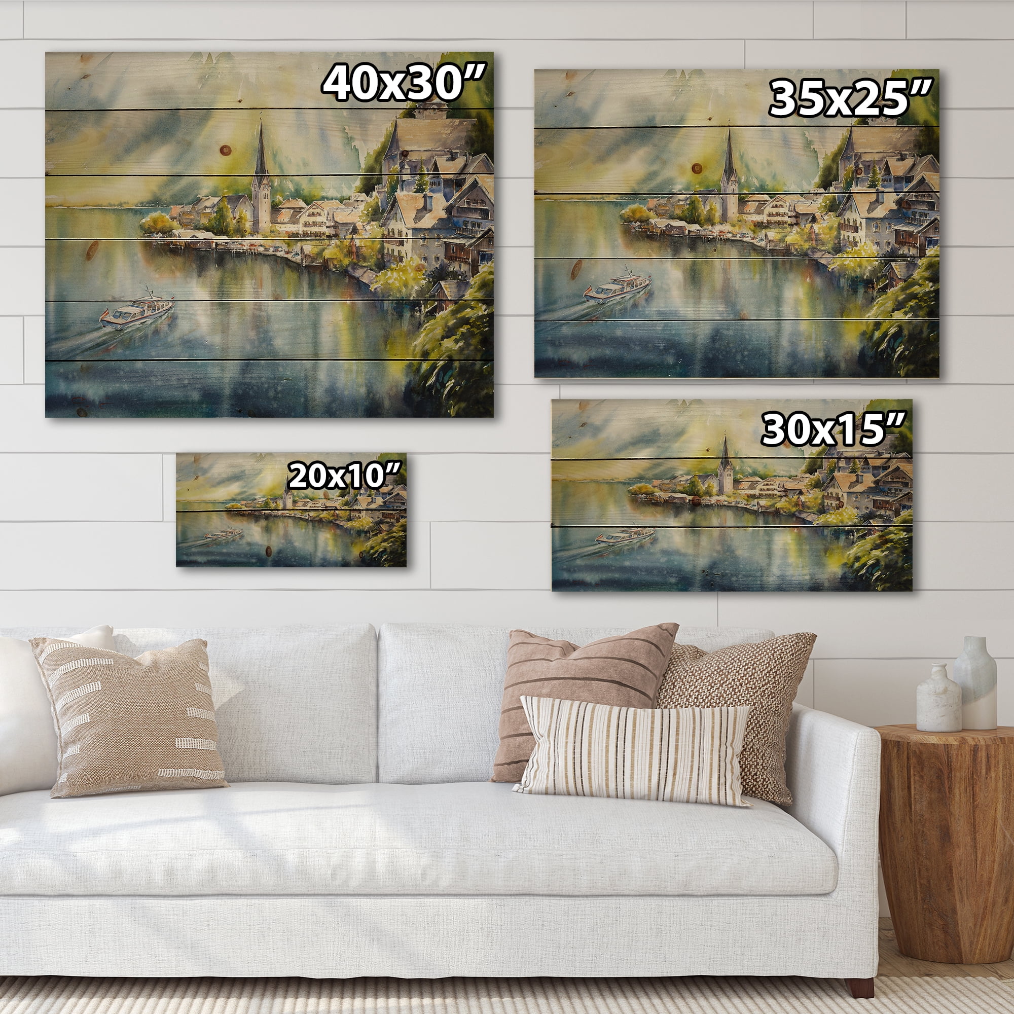 Designart 'The River In Austria Through Mountain Village' Nautical & Coastal Print on Natural Pine Wood