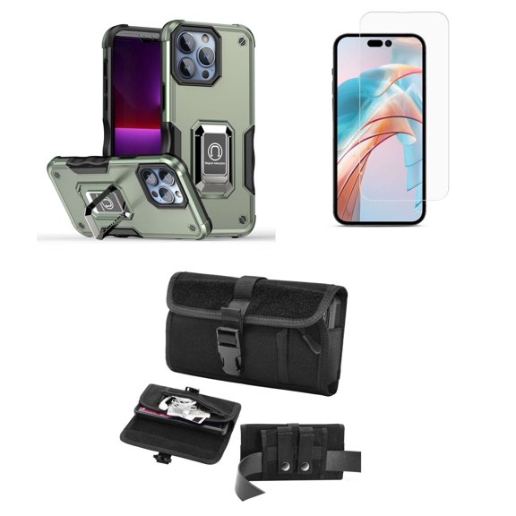 Bemz Phone Case for iPhone 15 Pro Max with Camera Protection Heavy Duty Magnetic Kickstand Cover, Screen Protector, Horizontal Buckle Belt Holster Travel Pouch (Sage Green)