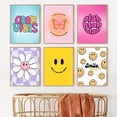 thumbnail image 2 of Groovy-arte de pared de dibujos animados para habitación de niños, decoración de lienzo al óleo, conjunto de Collage de 6 caras sonrientes, flores brillantes, póster Mural para el hogar, pintura impre, 2 of 4