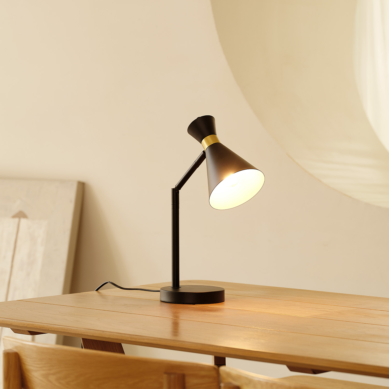 16" Matte Black Desk Lamp with Matte Brass Accents and Metal Shade