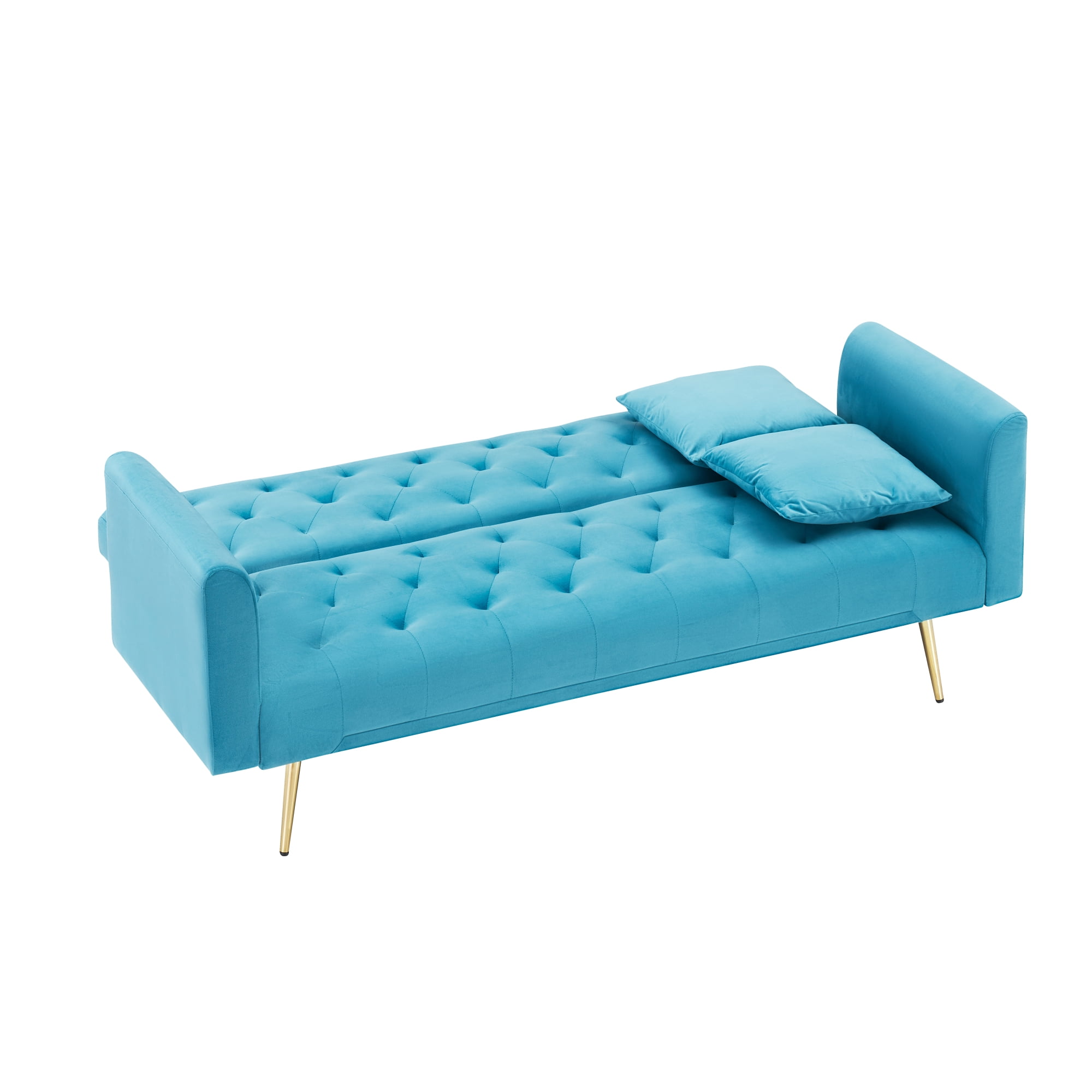 Leumius Velvet Futon Sofa Bed,Convertible Sleeper Couchwith Adjustable Backres & 2 Pillows for Small Spaces,Living Room,Light Blue