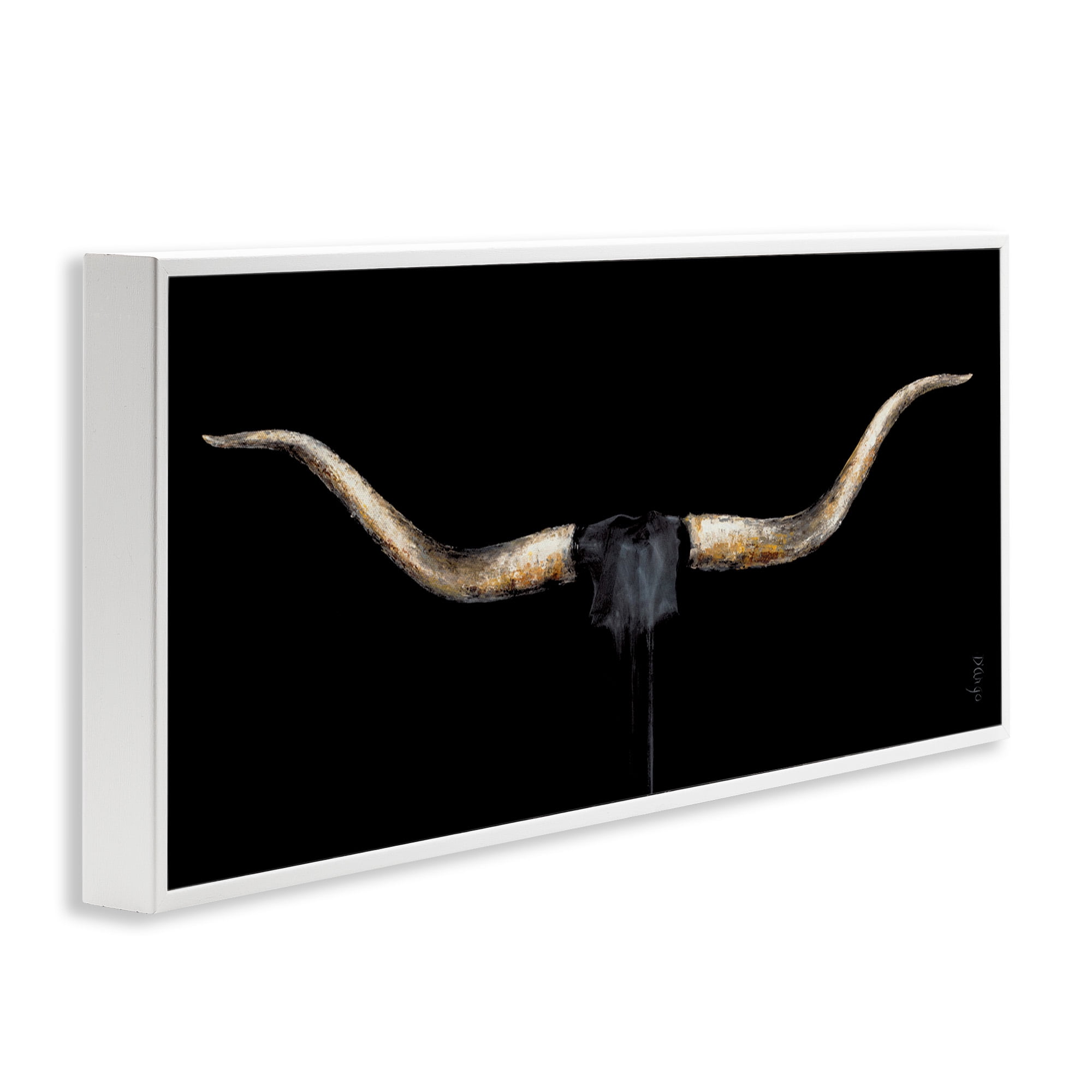 Stupell Industries Bull Horns Shadow Animal Painting Animals & Insects Painting White Framed Art Print Wall Art, 24 x 10