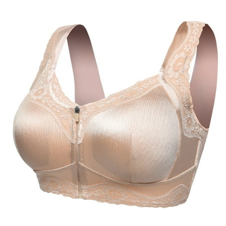 

Lingerie For Women Wireless Anti-Sagging Front Zip Breathable Satin Lace Hem Plus Size Bra