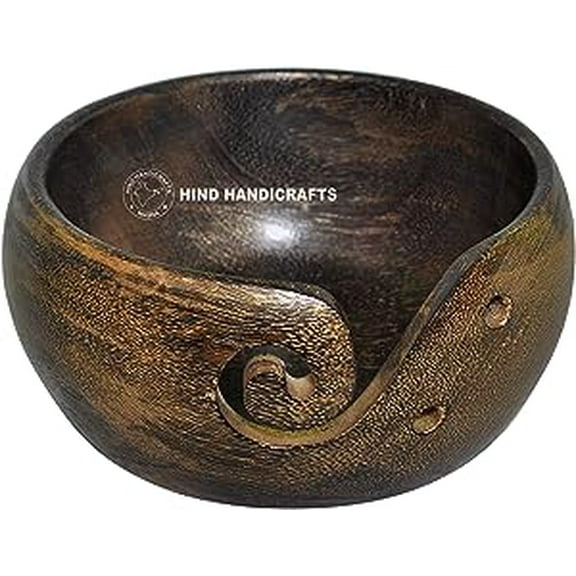 Premium Solid Dark HardWood Crafted Wooden Portable Antique Yarn Bowl Holder for Knitting Crochet - Christmas Gift Set | Hind Handicrafts (6" x 6" x 4", Purple)