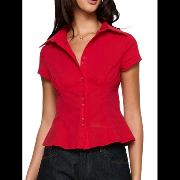 Camisa Informal de Corta con Botones y Cuello en V para Mujer, Estilo Y2K, con Cuadros y Abertura Frontal. Rojo S
