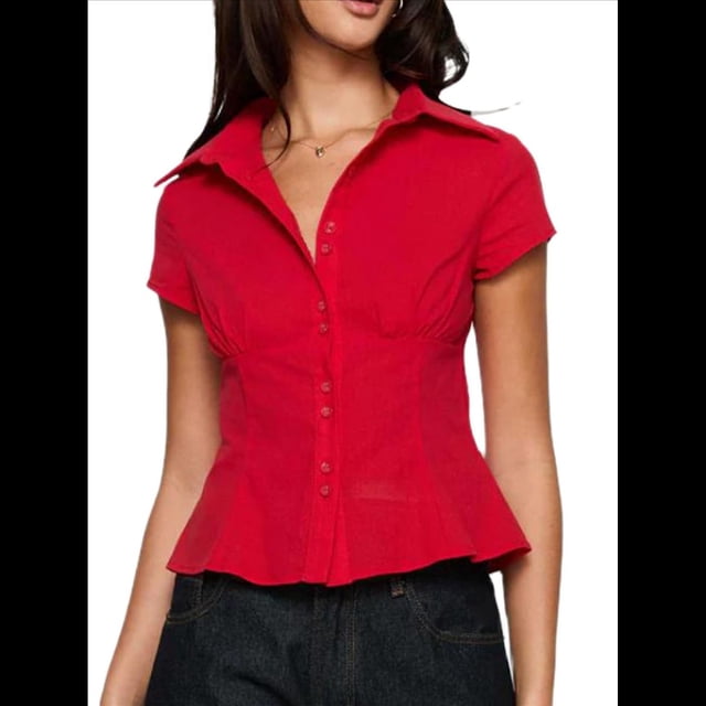 Camisa Informal de Corta con Botones y Cuello en V para Mujer, Estilo Y2K, con Cuadros y Abertura Frontal. Rojo M