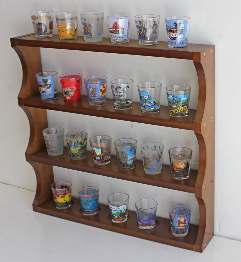 Shot Glass Display Rack Curio Wall Mount Shelf or Stand Walnut Finish