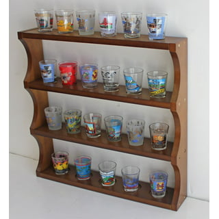 24 Shot Glass Display Case Holder, Side Loading, Transparent Acrylic with 4  Shelves, Includes Silver Standoffs for Wall Mounting