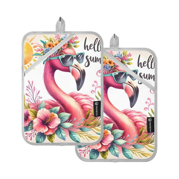 Pot Holders Set of 2 Heat Resistant 338℉ Kitchen Oven Gloves Potholder Cooking Baking Microwave Mitts Flamingo Wearing Sunglasses
