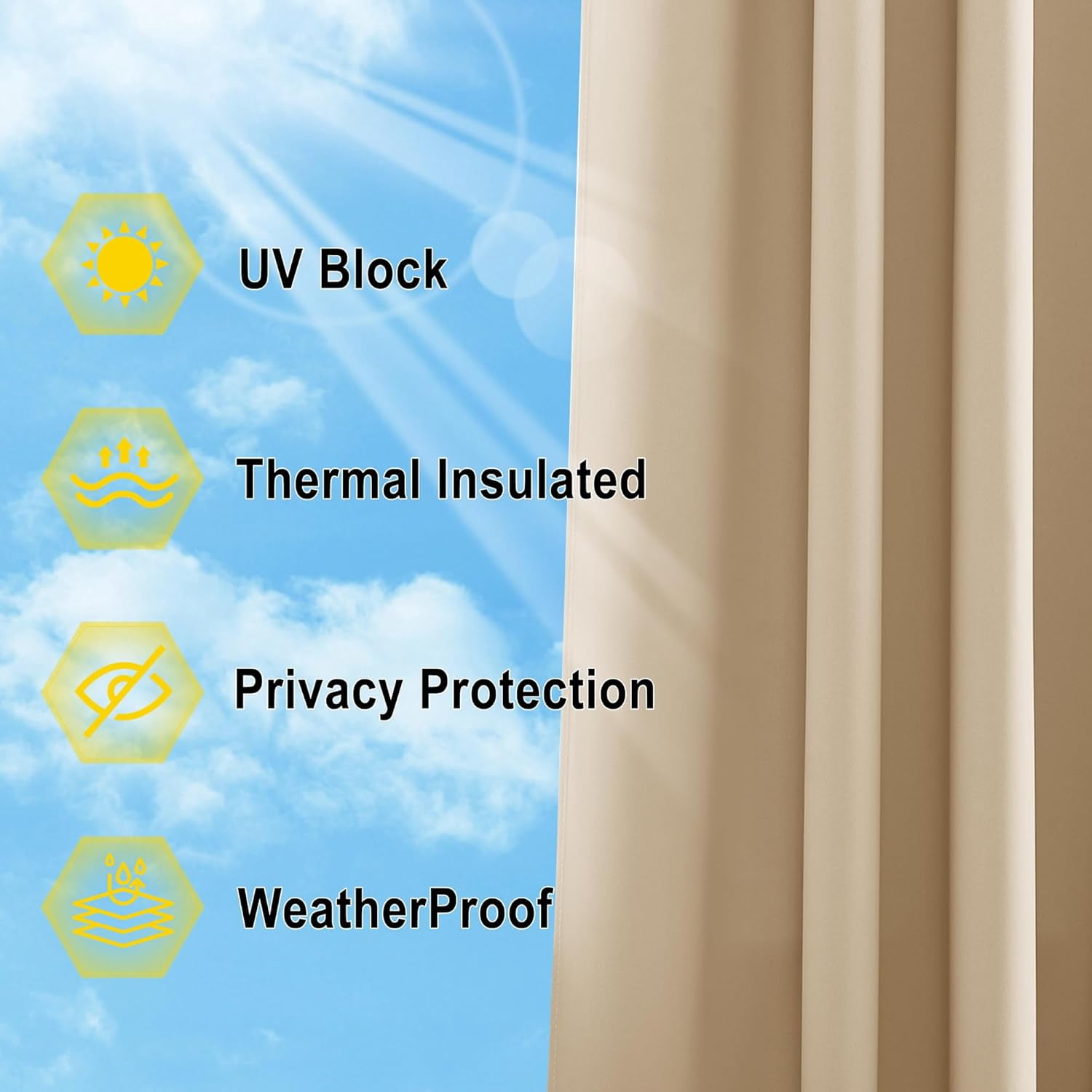 2 Panels Outdoor Curtains for Patio Waterproof 84" Long, Detachable Sticky Tab Top Thermal Insulated Privacy Sun Blocking & UV Protection Drapes for Porch/Pergola, Biscotti Beige, W52 x L84