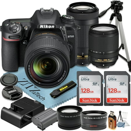 Nikon D7500 DSLR Camera with 18-140mm + 70-300mm Lens + 2 Pcs SanDisk 128GB Memory Cards + Tripod + Wideangle + ZeeTech Accessory Bundle