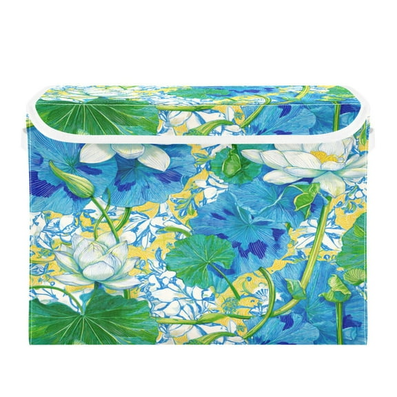 Large Collapsible Storage Box Flip Lid Fabric Decorative Organizer Container Basket with Handles 16.5×12.6×11.8in Beautiful Lotus Flowers
