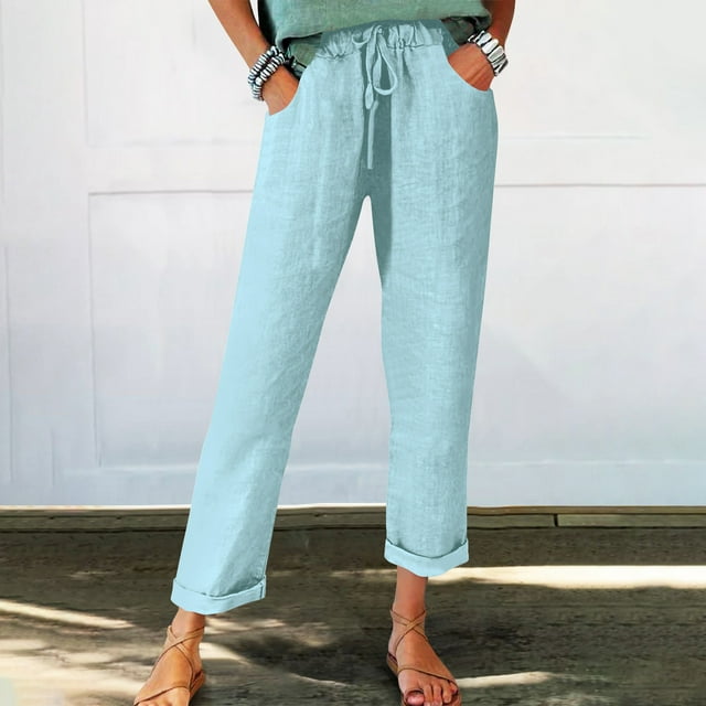 Karight Cotton Linen Pants for Women Summer High Waist Elastic Straight Leg Pant Casual Loose Solid Lightweight Beach Trousers