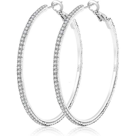 925 Sterling Silver Earrings Large Rhinestone Hoop Earrings Big Cubic Zirconia Hoop Earrings Thin Rhinestones Round Hoop Earrings For Women 20/30/40/50/60/70Mm Sparkly Hoops With Crystals Fo[Z7975]
