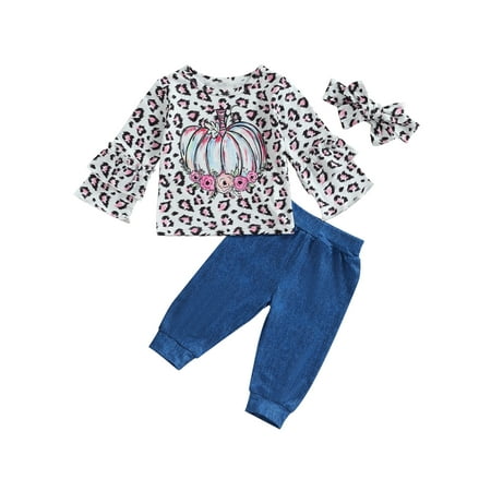 

Baby Girl Fall Outfits Pumpkin Leopard Print T-Shirts Pants Headband