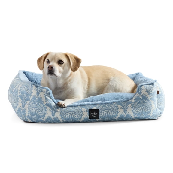 NICOLE MILLER NEW YORK PET Mod Damask Plushy Bolster Pet Bed, Cozy & Calming, Water Repellent, Non-Slip Bottom, 100% Machine Washable, Blue, Extra Small 19"x15"x6"