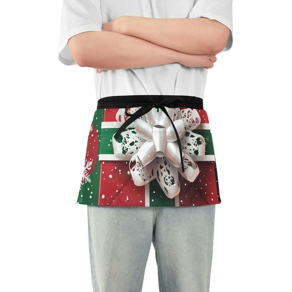 Snowflake Christmas Gift Waist Apron Adjustable Server Half Apron Kitchen Cooking with 3 Pockets for Men Women