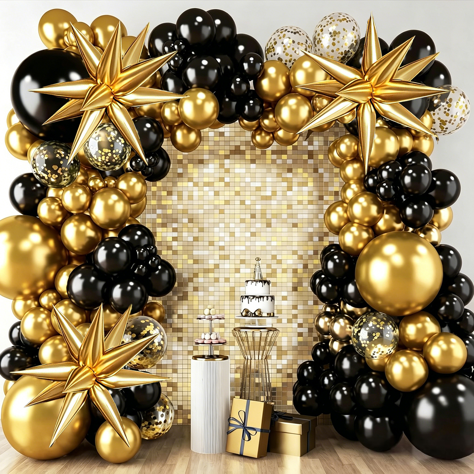 KiddiTouch Black and Gold Balloons Garland Kit, 132 Pieces