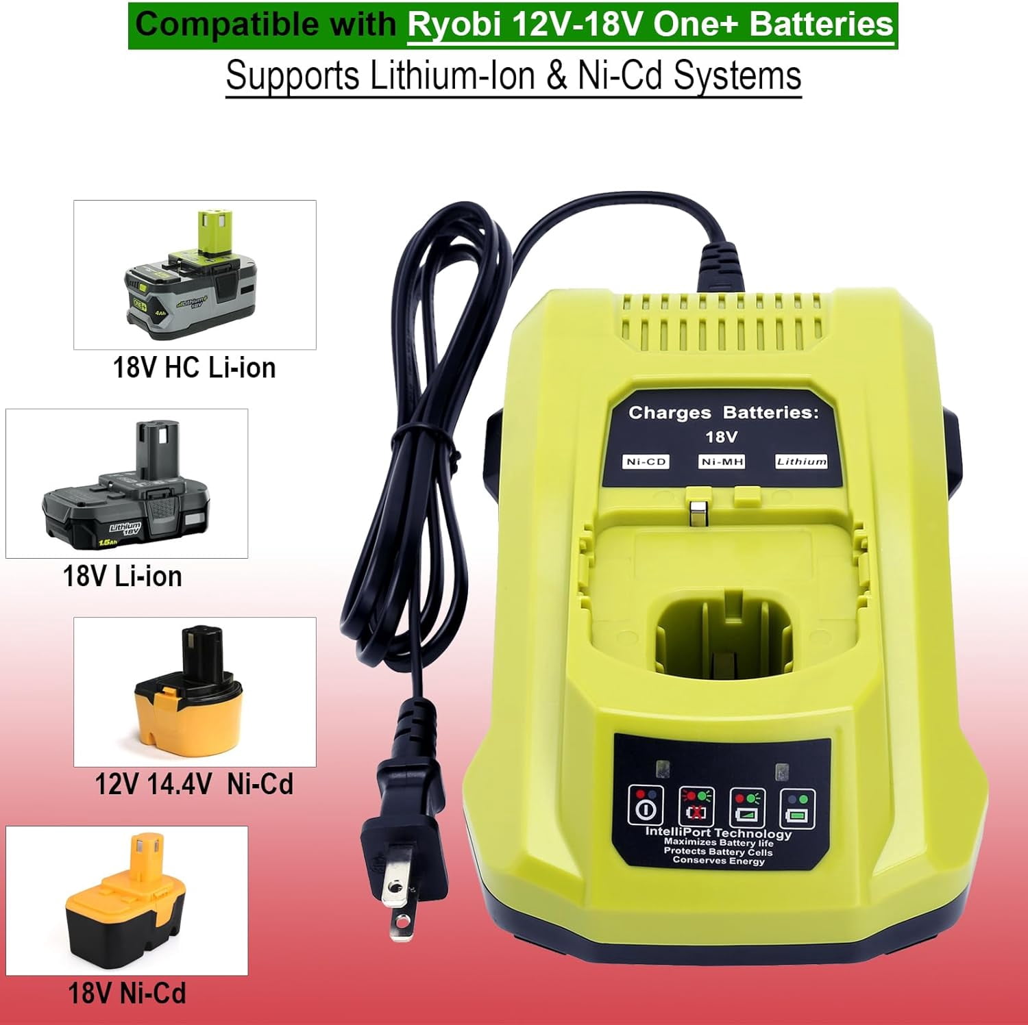 Compatible with Ryobi 18V Battery Charger, P117 Rapid Charger Compatible with Ryobi 12V-18V ONE+ Lithium, NI-CD & NI-MH Battery PBP2005 PBP002 PBP005 PBP006 P193 P108 P103 P102 P100