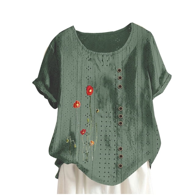 Birdeem Blouses pour Femmes Mode Imprimée Confortable Ample Manches Courtes Blouse Boutonnée Col Rond Décontracté