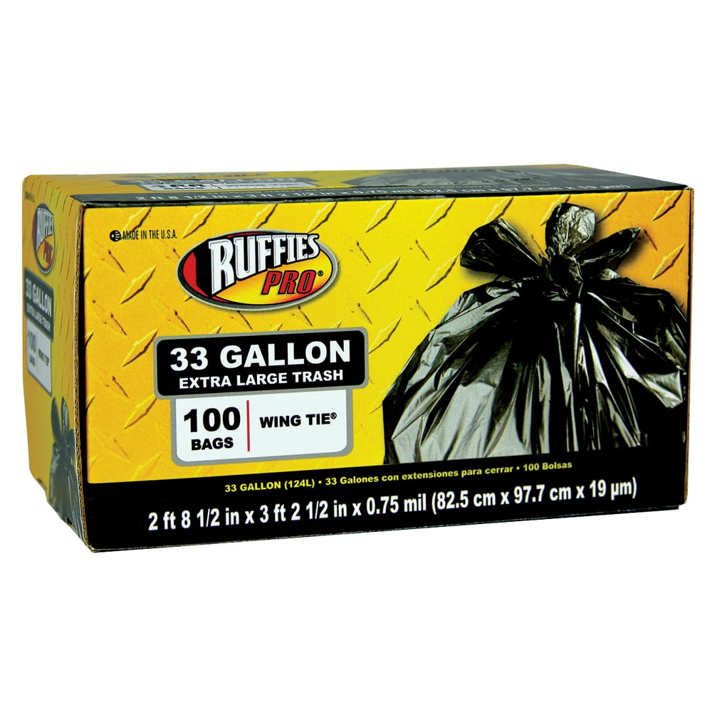 Ruffies 1124923 Pro Extra Large Wing Tie Trash Bags, 33 Gallon, 100