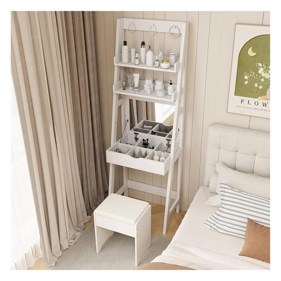 Small Vanity Desk with Mirror, Ladder Makeup Vanity Table with top Mirror, Open Shelves, Storage Compartments, Compact White Bedroom Dressing Table with Stool for Small Space