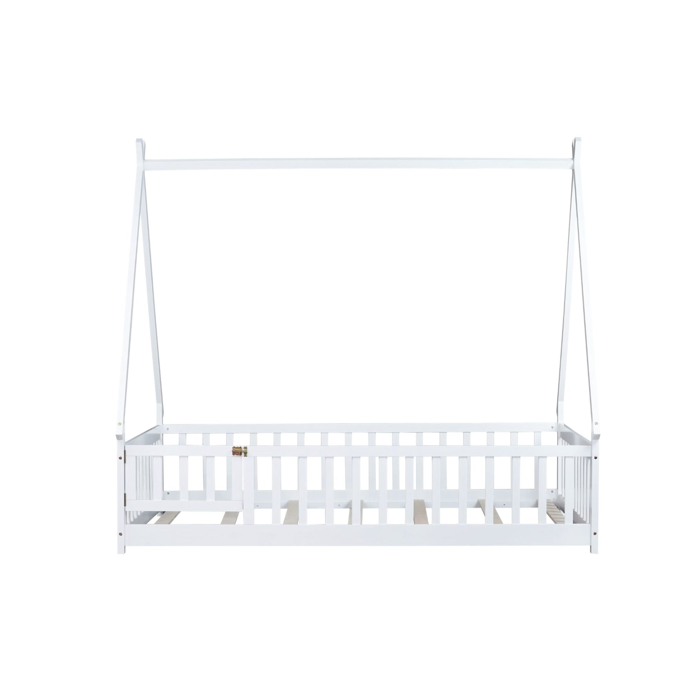 Noble House Misty Full Teepee Floor Bed with Safety Fence and Door, Solid Rubber Wood Tent Bed, Kid's Room, White