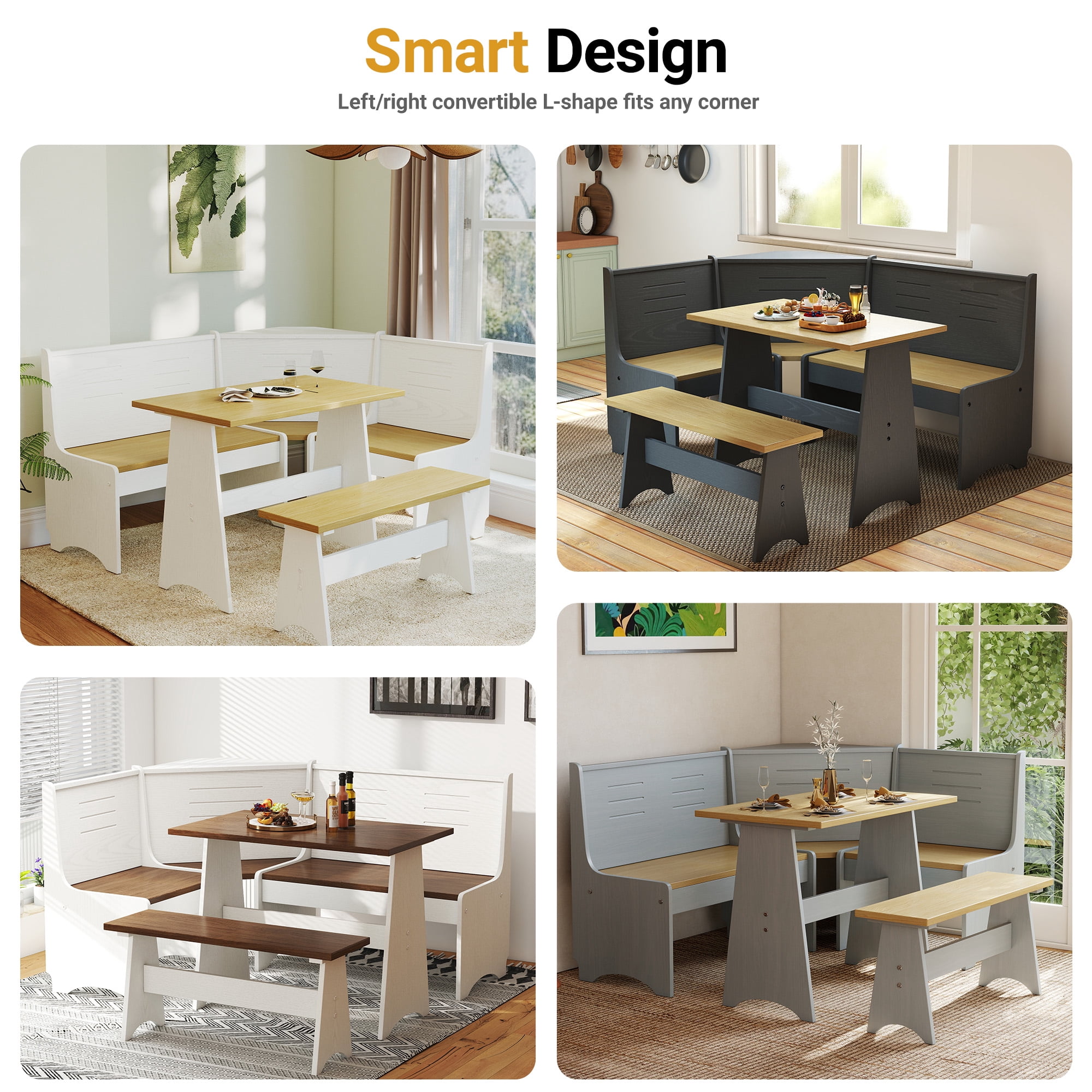 Breakfast Nook Kitchen Corner Dining Table Bench Chair Set, Space-Saving 3-4 Seat L-Shape Farmhouse Mid Century Modern Style for Family Home  Wood Brown White