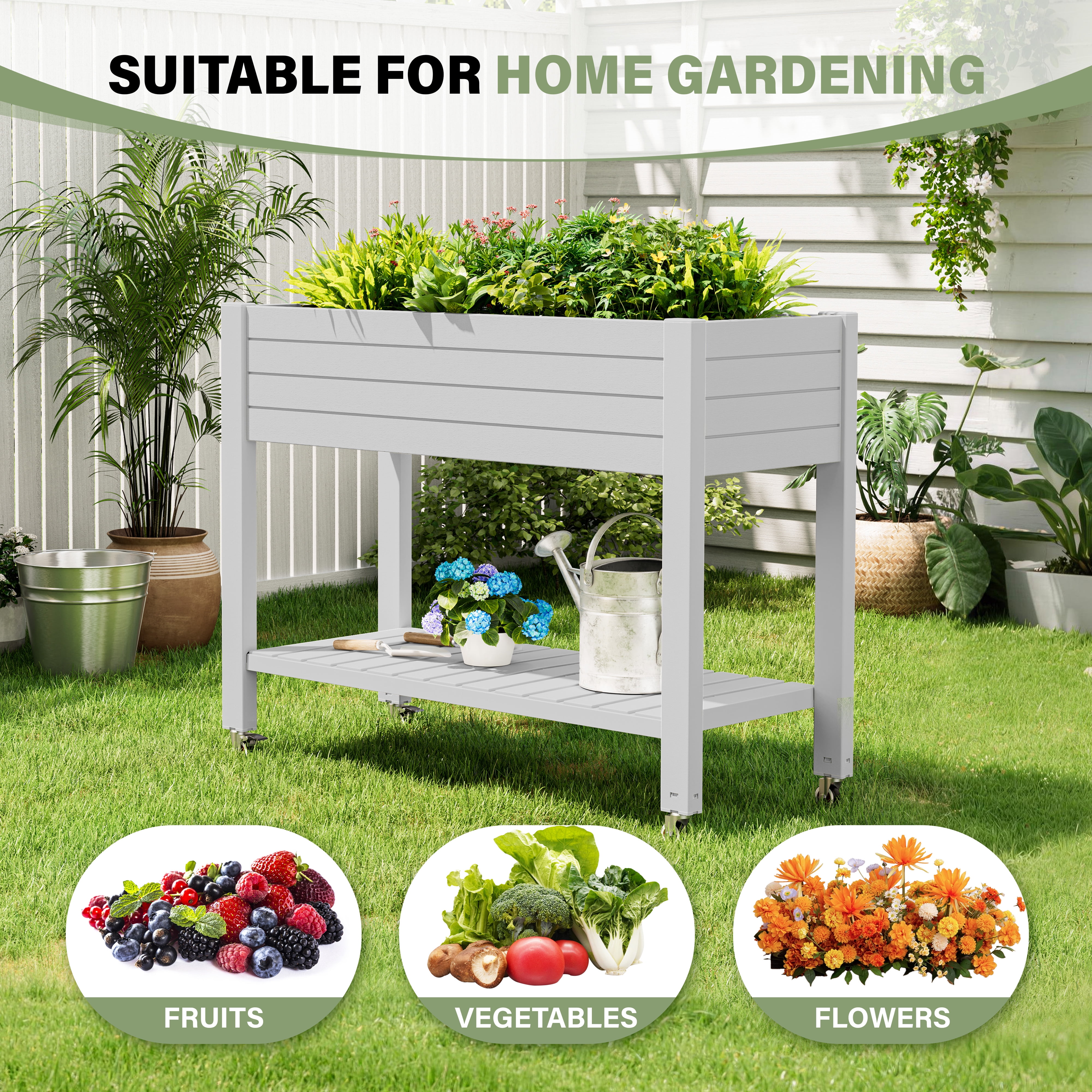 Bifanuo Raised Garden Bed with Wheels - Outdoor Elevated Planter with Weatherproof Resin, Effective Drainage for Backyard, Patio and Balcony, White