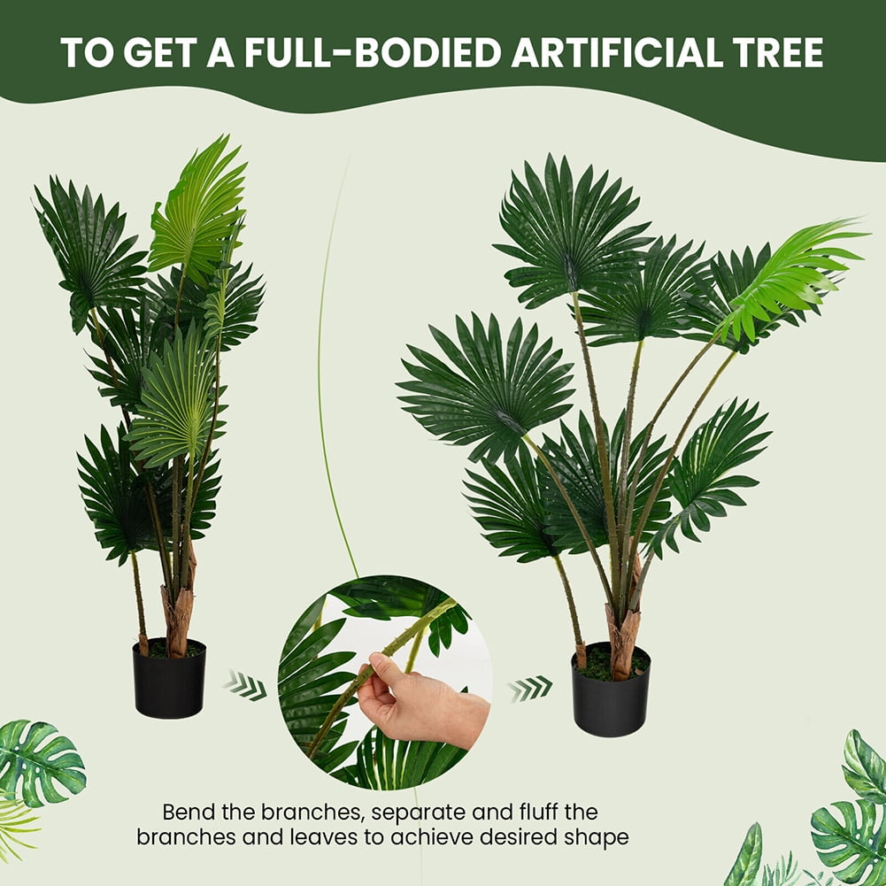 Kadyn 4FT Artificial Tree, Artificial Fan Palm Tree for Outdoor, Fake Palm Plant Tree for Indoor, Green