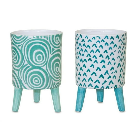 Decorative Blue Patterned Pots with Legs - Set of 2 - Stylish Home Planters