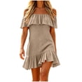 thumbnail image 3 of HVOBTTY Summer Women's Short Sleeve Mini Peplum Dress Off Shoulder Ruffle Neck Solid Color Stylish Daily Leisure, 3 of 5