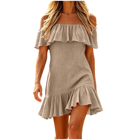 Atogsazn Women's Summer Off Shoulder Mini Dress Double Ruffle Short Sleeve Slim Fit Flared Hem Dresses A-Line Sundress Khaki M Fashion
