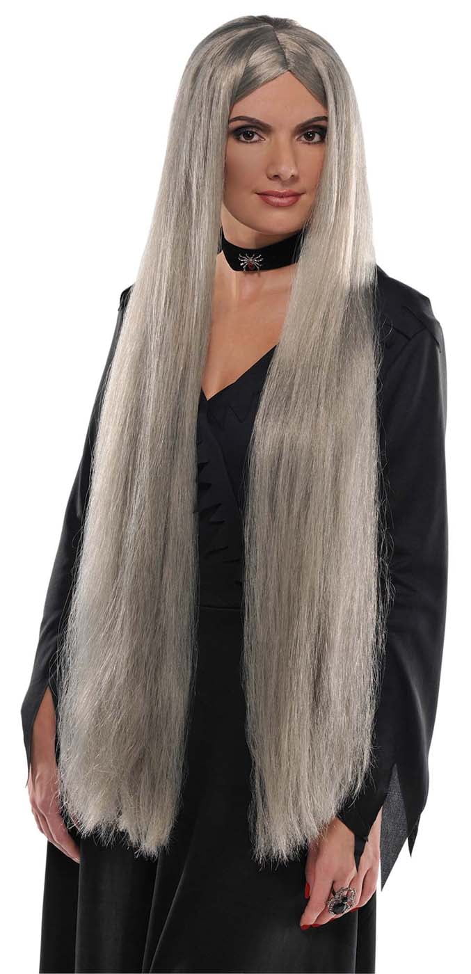 Extra Long Womens Adult Witch Straight Grey Costume Wig