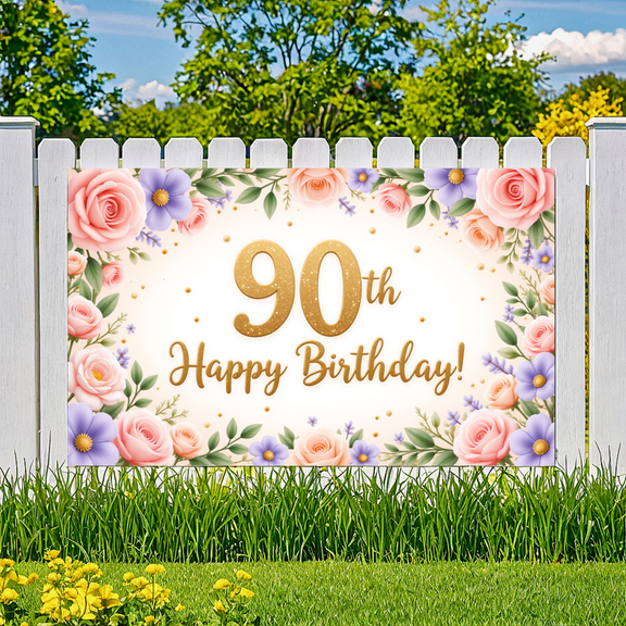 Elegant Floral Birthday Banner 90th Celebration Gold Glitter for Senior Party Indoor Decoration Event