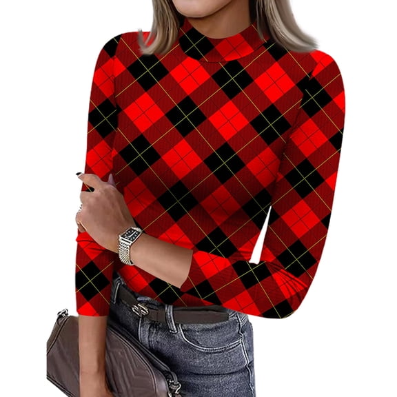 ASDFVBKG Women's Mock Turtleneck Long Sleeve T-Shirts Comfortable Base Layer Tee Shirts Plaid Vintage Print Tunic Fashion Top Casual Slim Fit Vacation Outfits Clothes Red XL