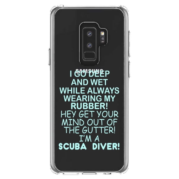 DistinctInk Clear Shockproof Hybrid Case for Samsung Galaxy S9+ PLUS (6.2" Screen) - TPU Bumper Acrylic Back Tempered Glass Screen Protector - I Go Deep & Wet Wearing My Rubber Scuba Diving