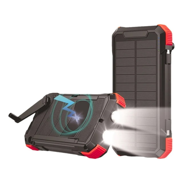 Mr. Gadgets Solar Blast Power Bank 20000 Mah Bateria Panel Solar De Carga Portatil Con Linterna, Manivela De Emergencia, Carga Inalambrica, Color Negro Con Rojo.