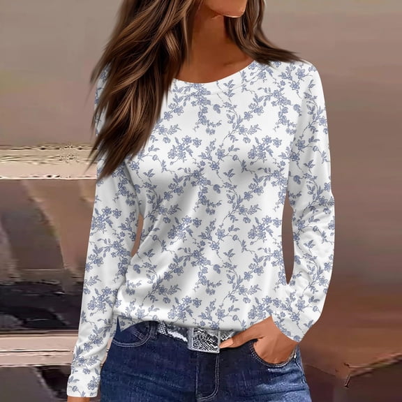 Zysthvn Women Shirts Casual Long Sleeve Floral Women T Shirt Crew Neck Loose Fit Comfortable Tops